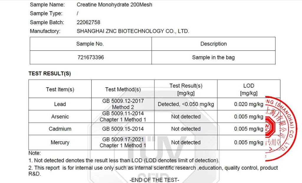 Third Lab TUV ZNCBIO Creatine Heavy Metals report-2022
